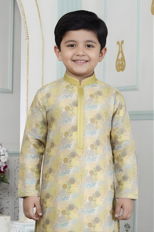Impressive Yellow Art Silk Embroidered Designer Boys Kurta Pyjama Set for Wedding