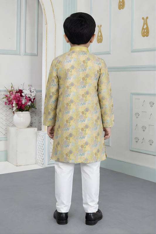 Impressive Yellow Art Silk Embroidered Designer Boys Kurta Pyjama Set for Wedding