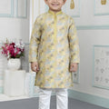 Impressive Yellow Art Silk Embroidered Designer Boys Kurta Pyjama Set for Wedding