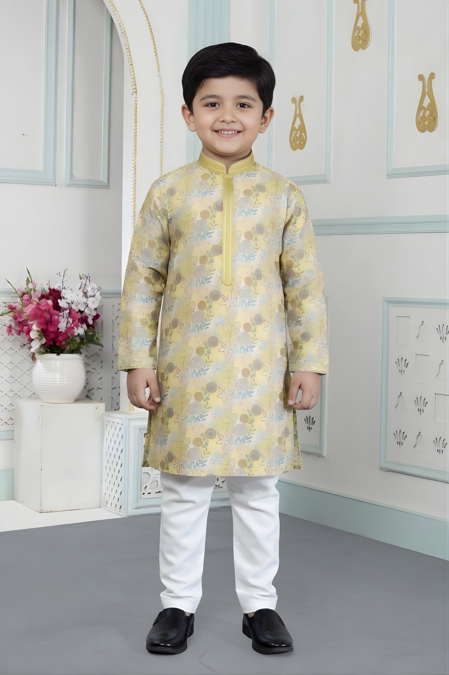 Impressive Yellow Art Silk Embroidered Designer Boys Kurta Pyjama Set for Wedding