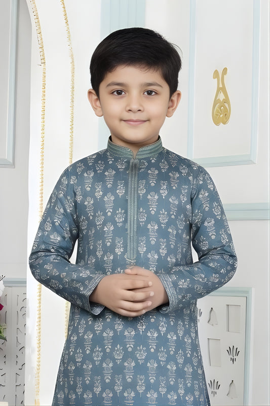 Royal Teal Blue Art Silk Embroidered Designer Boys Kurta Pyjama Set for Wedding