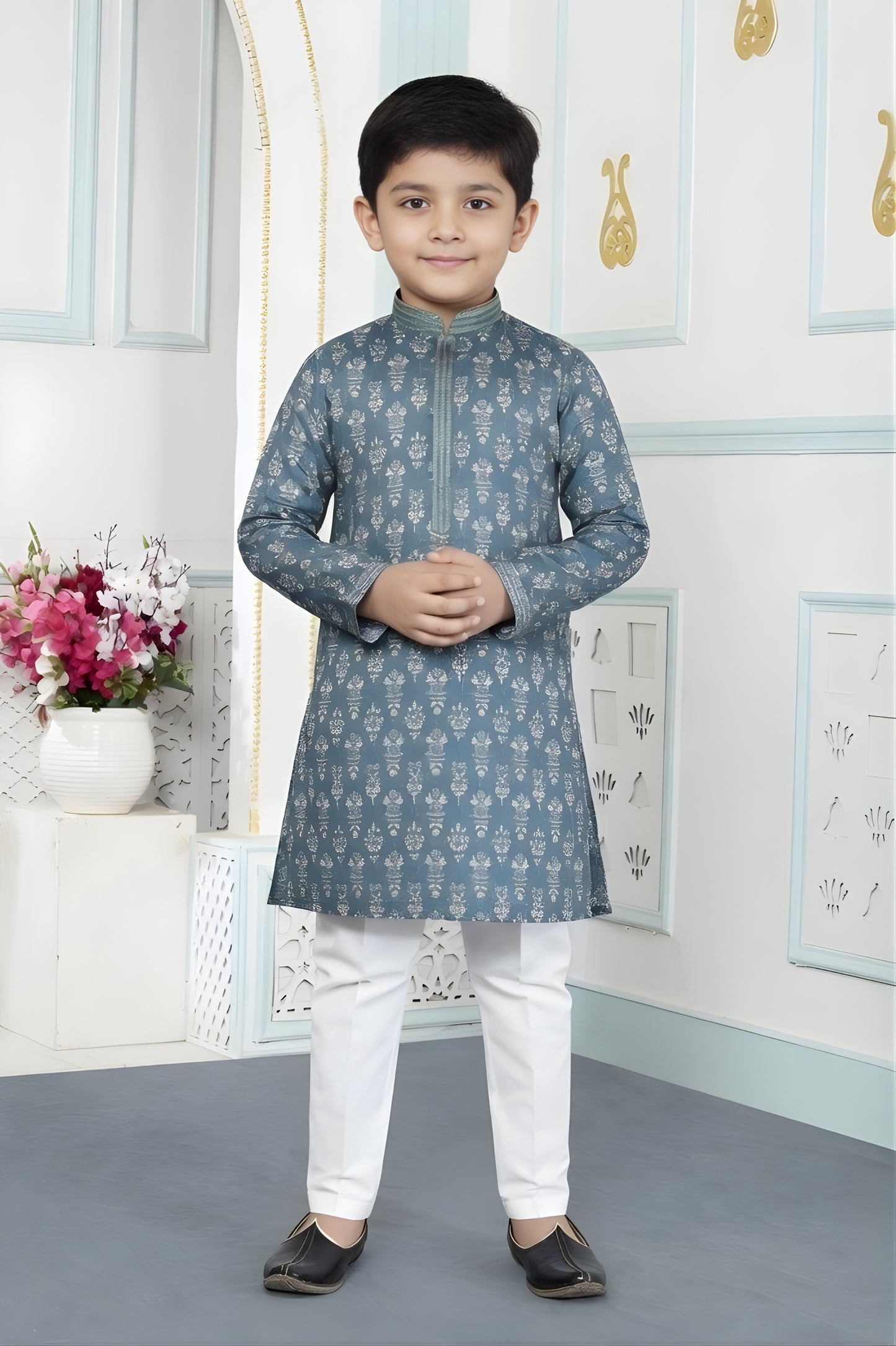 Royal Teal Blue Art Silk Embroidered Designer Boys Kurta Pyjama Set for Wedding