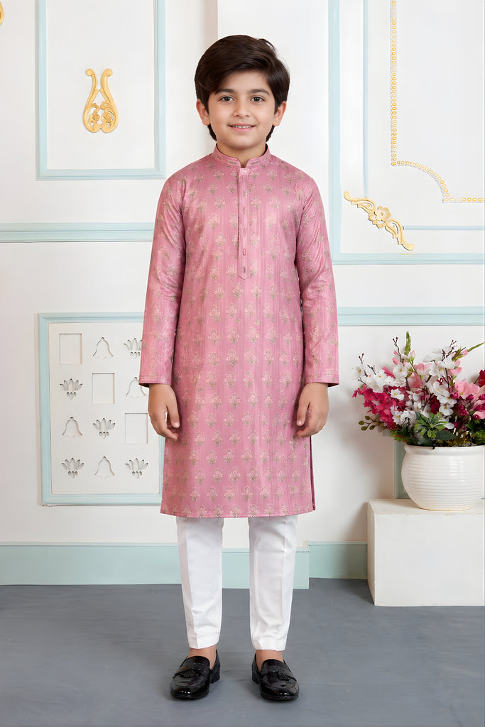 Elegant Pink Art Silk Embroidered Designer Boys Kurta Pyjama Set for Wedding