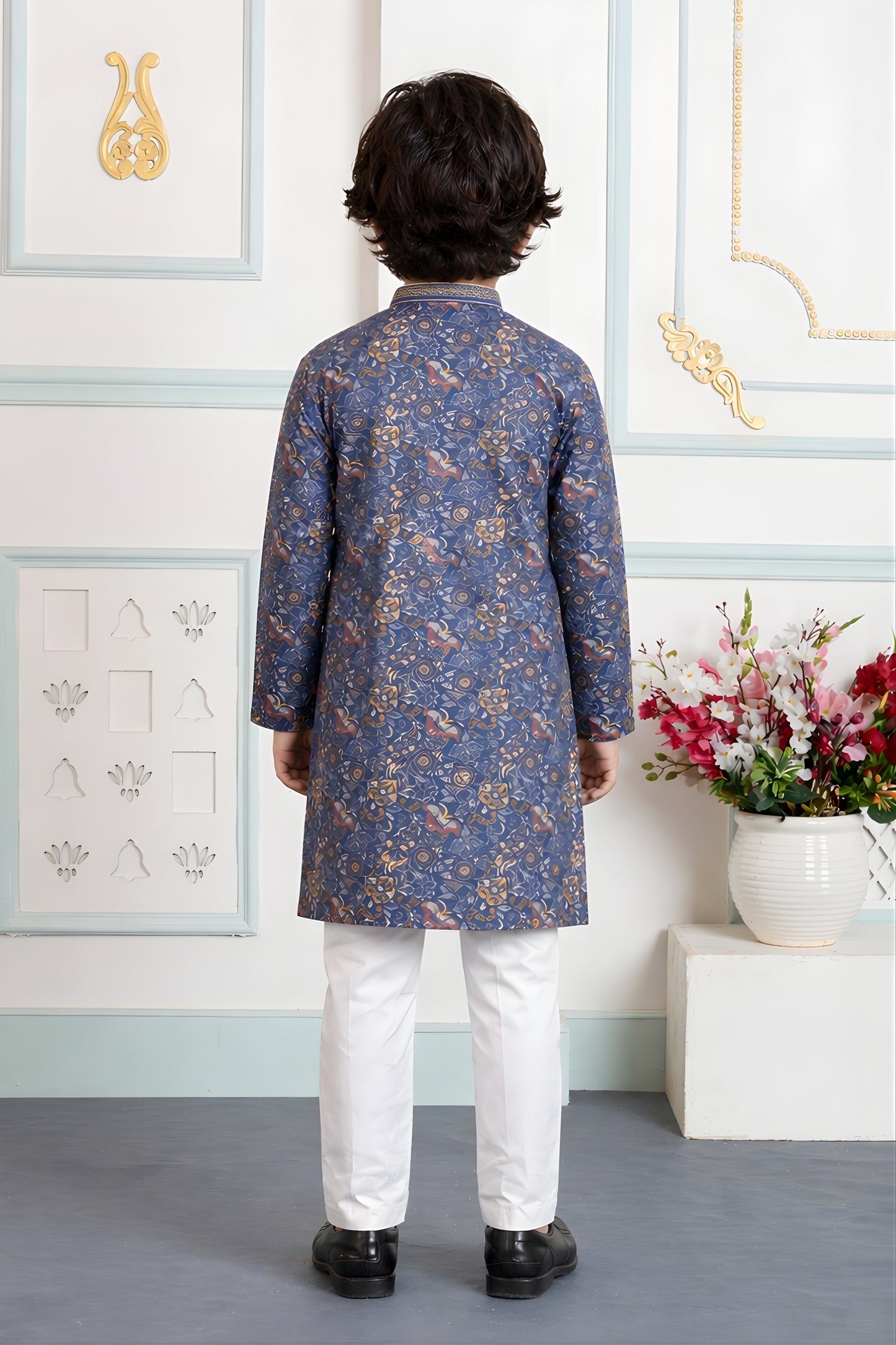 Awesome Navy Blue Art Silk Embroidered Designer Boys Kurta Pyjama Set for Wedding