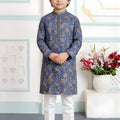 Awesome Navy Blue Art Silk Embroidered Designer Boys Kurta Pyjama Set for Wedding