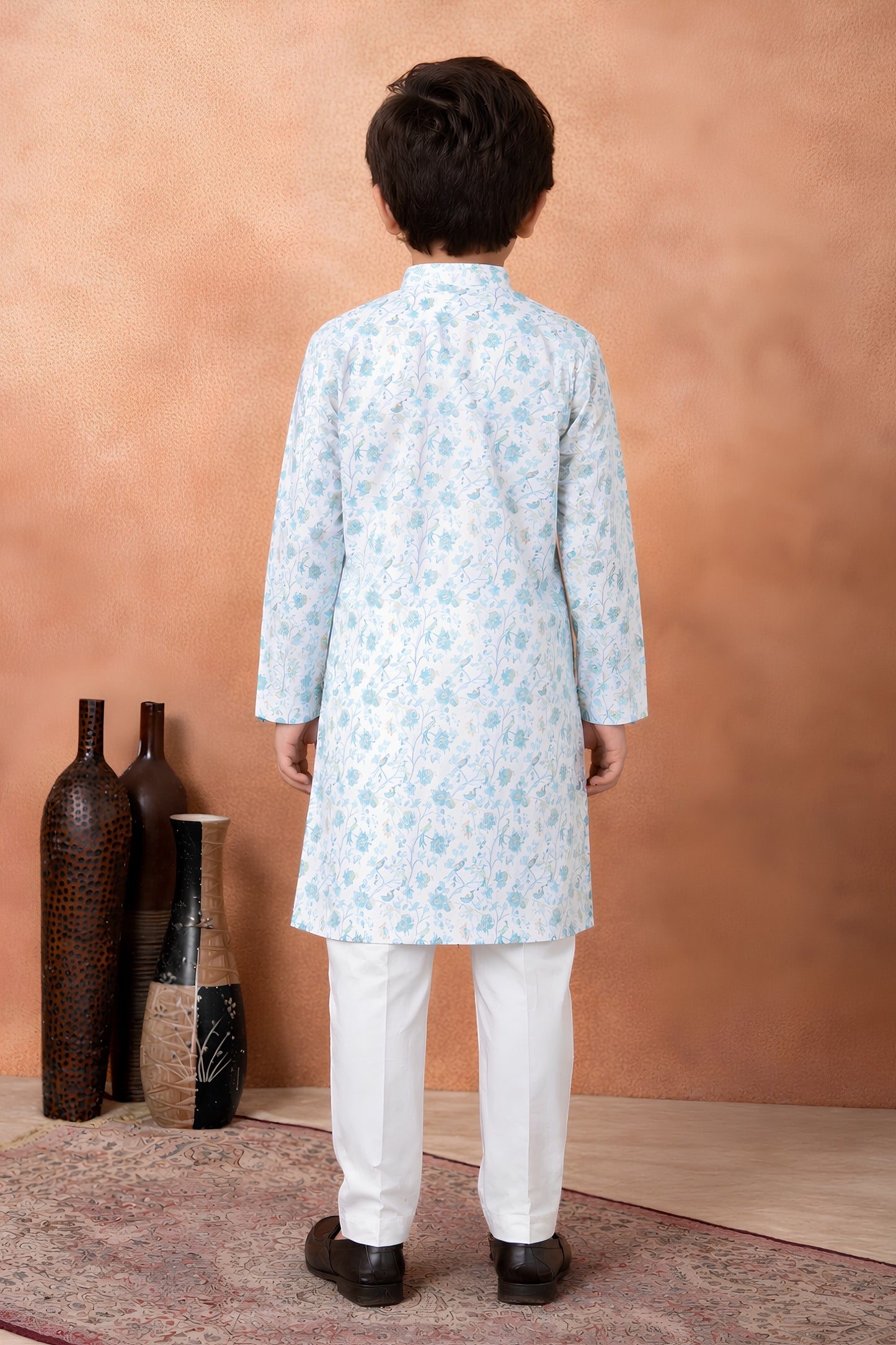 Premium Sky Blue Art Silk Digital Print Boys Kurta Pyjama Set for Wedding