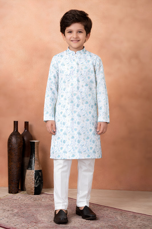 Premium Sky Blue Art Silk Digital Print Boys Kurta Pyjama Set for Wedding
