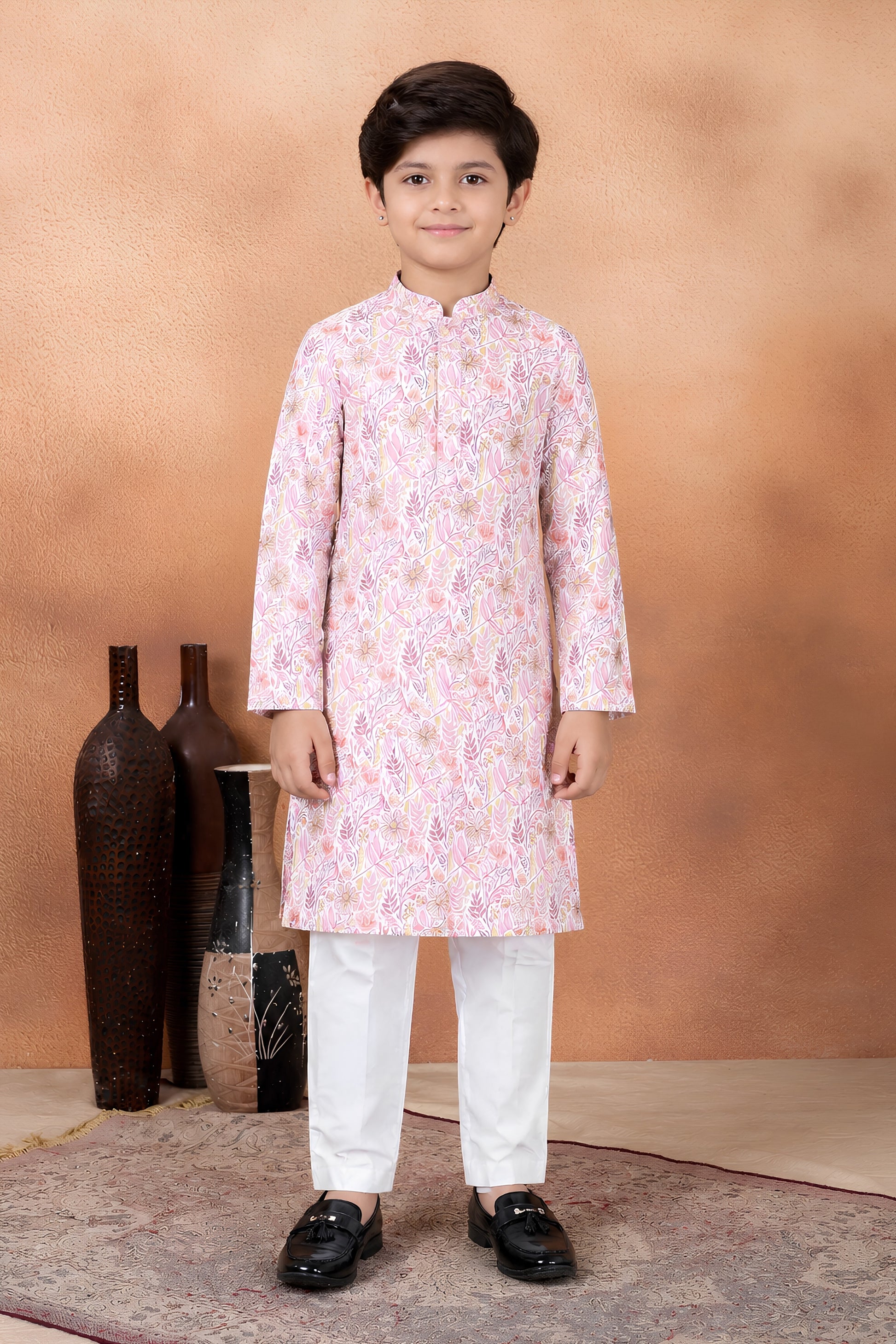 Stylish Pink Art Silk Digital Print Designer Boys Kurta Pyjama Set for Wedding