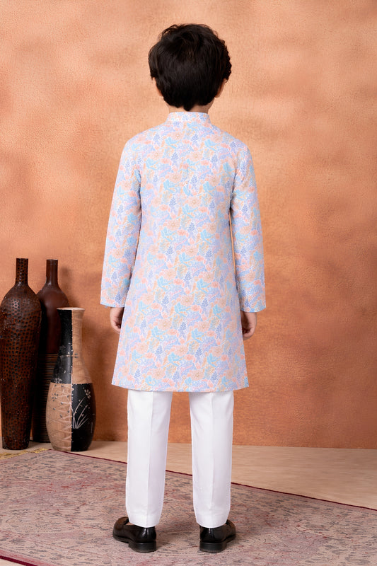 Premium Sky Blue Art Silk Digital Print Designer Boys Kurta Pyjama Set for Wedding