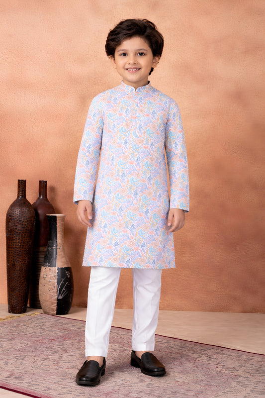 Premium Sky Blue Art Silk Digital Print Designer Boys Kurta Pyjama Set for Wedding