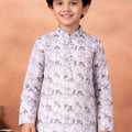Adorable White Art Silk Digital Print Designer Boys Kurta Pyjama Set for Wedding