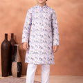 Adorable White Art Silk Digital Print Designer Boys Kurta Pyjama Set for Wedding