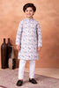 Adorable White Art Silk Digital Print Designer Boys Kurta Pyjama Set for Wedding