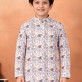 Trendy White Art Silk Digital Print Designer Boys Kurta Pyjama Set for Wedding