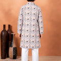 Trendy White Art Silk Digital Print Designer Boys Kurta Pyjama Set for Wedding