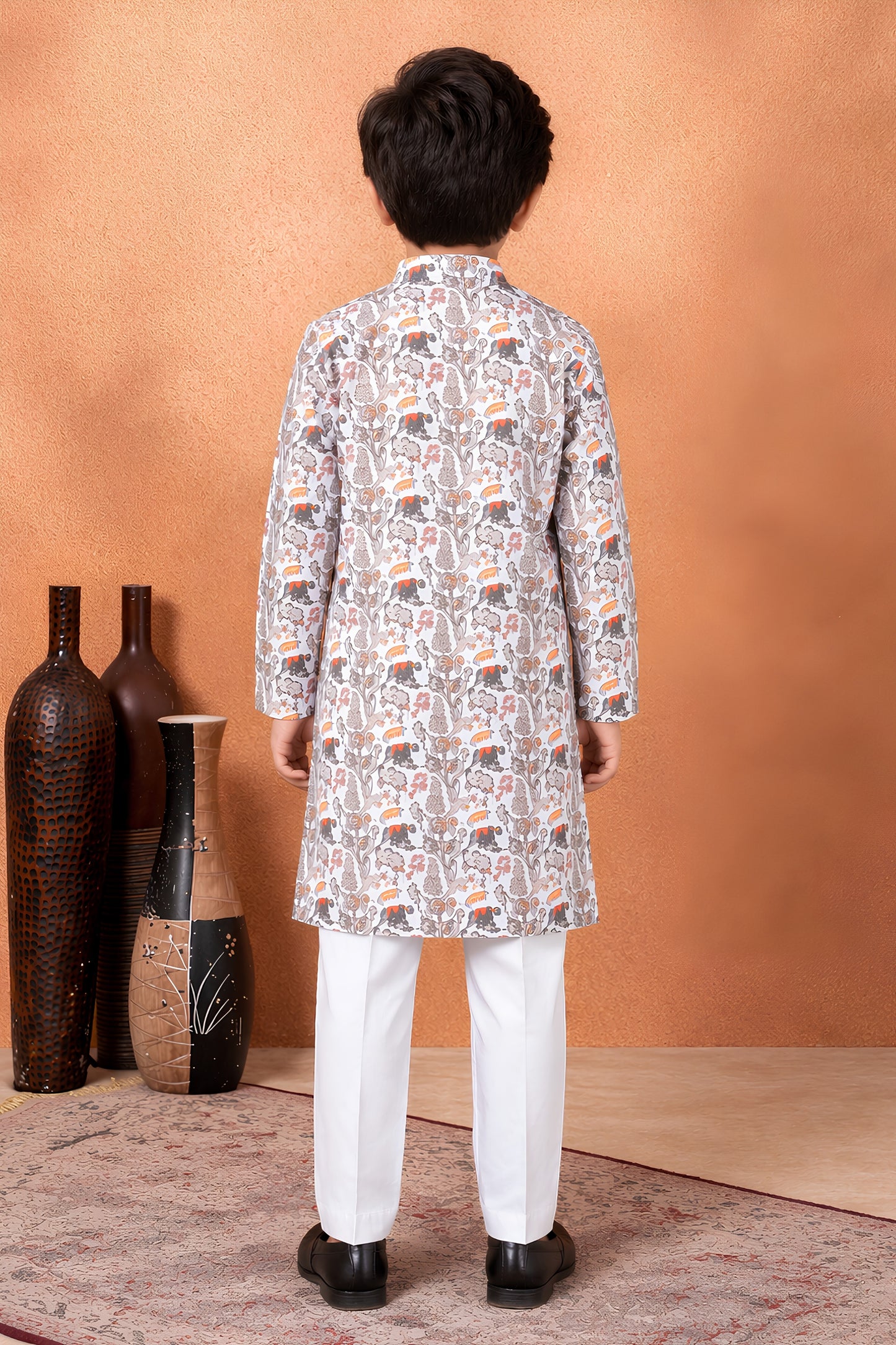Trendy White Art Silk Digital Print Designer Boys Kurta Pyjama Set for Wedding