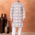 Trendy White Art Silk Digital Print Designer Boys Kurta Pyjama Set for Wedding