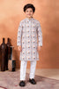 Trendy White Art Silk Digital Print Designer Boys Kurta Pyjama Set for Wedding