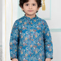 Elegant Teal Blue Art Silk Digital Print Designer Boys Kurta Pyjama Set for Wedding