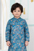 Elegant Teal Blue Art Silk Digital Print Designer Boys Kurta Pyjama Set for Wedding