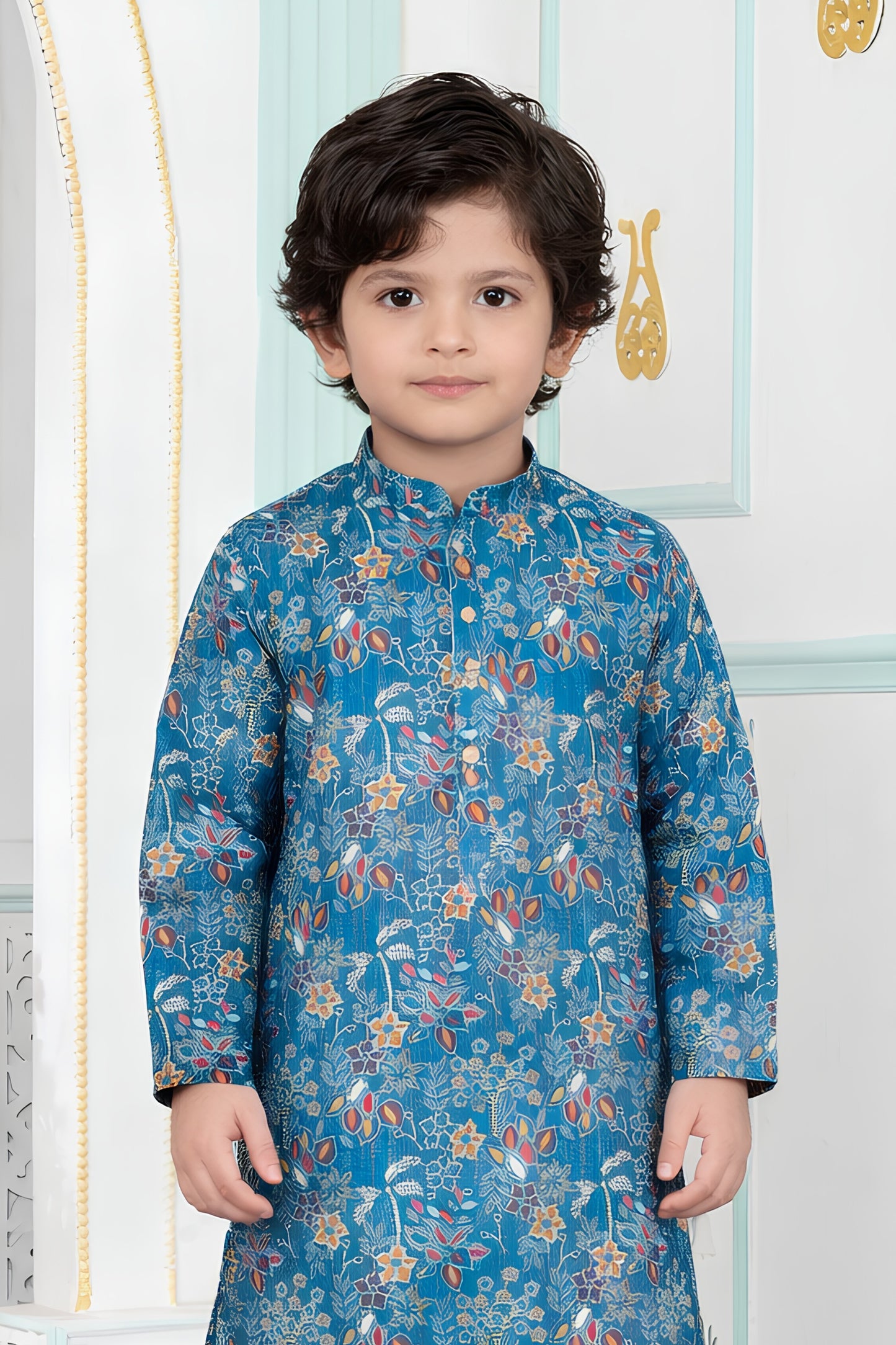 Elegant Teal Blue Art Silk Digital Print Designer Boys Kurta Pyjama Set for Wedding