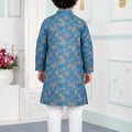 Elegant Teal Blue Art Silk Digital Print Designer Boys Kurta Pyjama Set for Wedding