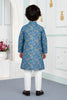 Elegant Teal Blue Art Silk Digital Print Designer Boys Kurta Pyjama Set for Wedding