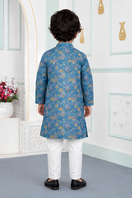 Elegant Teal Blue Art Silk Digital Print Designer Boys Kurta Pyjama Set for Wedding