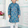 Elegant Teal Blue Art Silk Digital Print Designer Boys Kurta Pyjama Set for Wedding