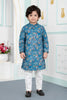 Elegant Teal Blue Art Silk Digital Print Designer Boys Kurta Pyjama Set for Wedding