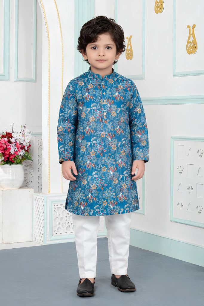 Elegant Teal Blue Art Silk Digital Print Designer Boys Kurta Pyjama Set for Wedding