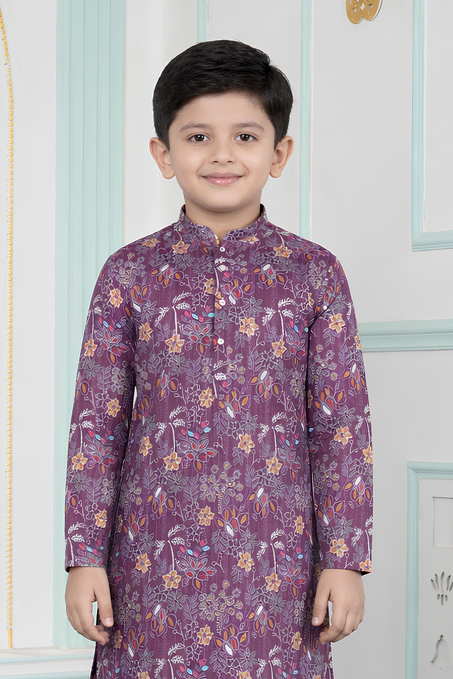 Glorious Wine Art Silk Digital Print Designer Boys Kurta Pyjama Set for Wedding