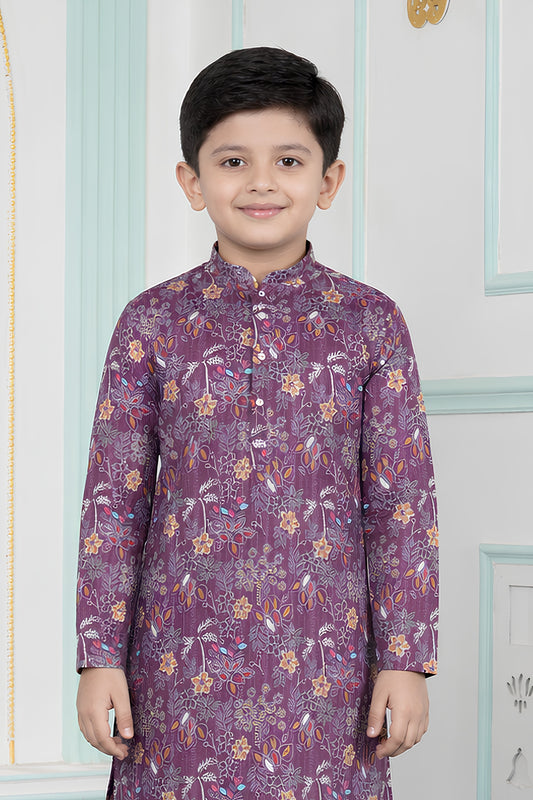 Glorious Wine Art Silk Digital Print Designer Boys Kurta Pyjama Set for Wedding