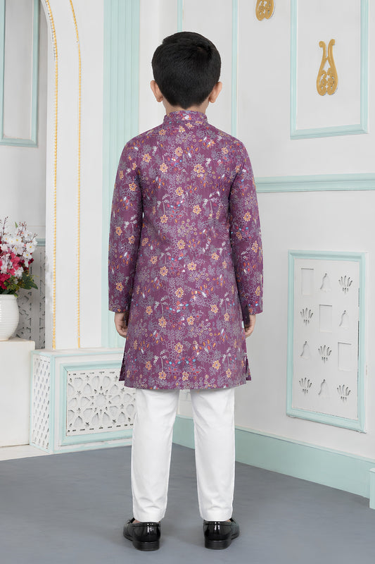 Glorious Wine Art Silk Digital Print Designer Boys Kurta Pyjama Set for Wedding