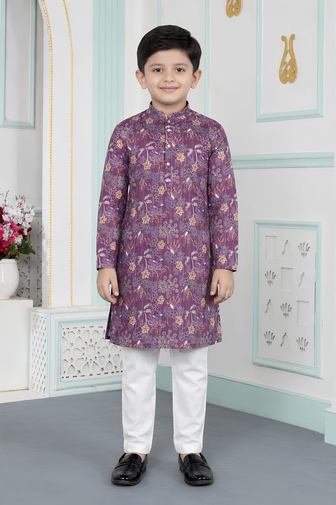 Glorious Wine Art Silk Digital Print Designer Boys Kurta Pyjama Set for Wedding