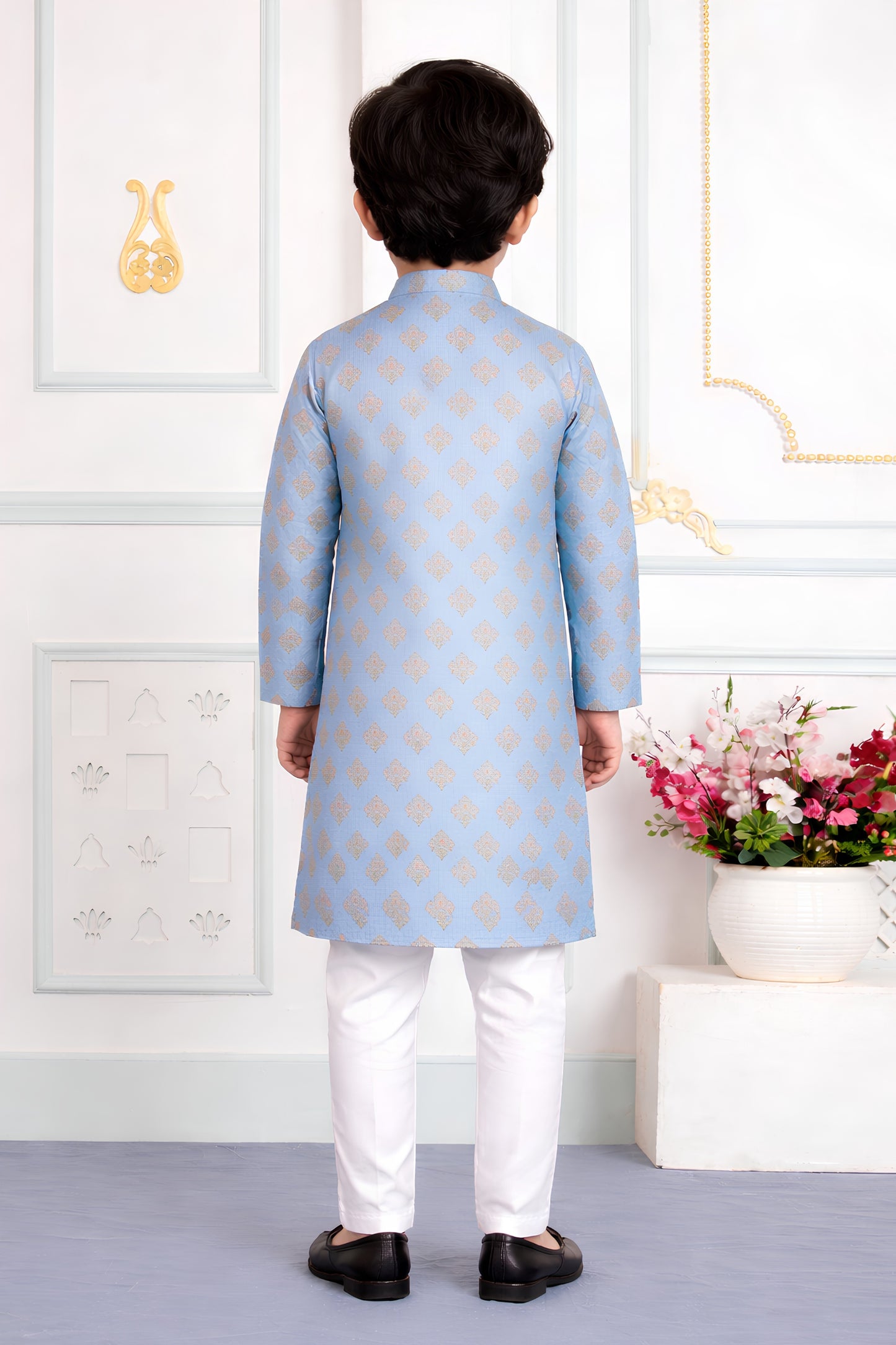 Superb Sky Blue Art Silk Digital Print Designer Boys Kurta Pyjama Set for Wedding