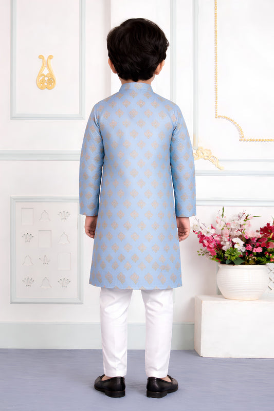 Superb Sky Blue Art Silk Digital Print Designer Boys Kurta Pyjama Set for Wedding