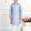 Superb Sky Blue Art Silk Digital Print Designer Boys Kurta Pyjama Set for Wedding