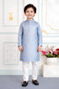 Superb Sky Blue Art Silk Digital Print Designer Boys Kurta Pyjama Set for Wedding