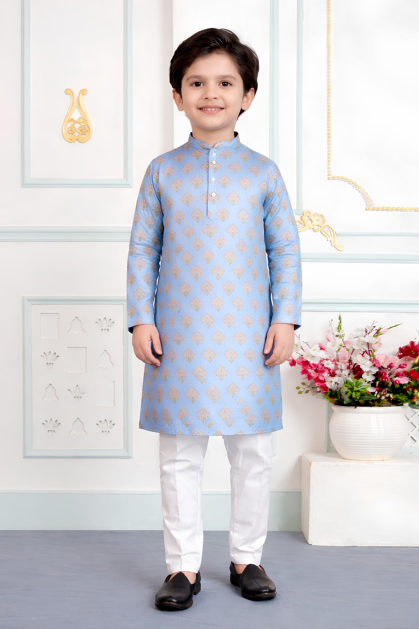 Superb Sky Blue Art Silk Digital Print Designer Boys Kurta Pyjama Set for Wedding