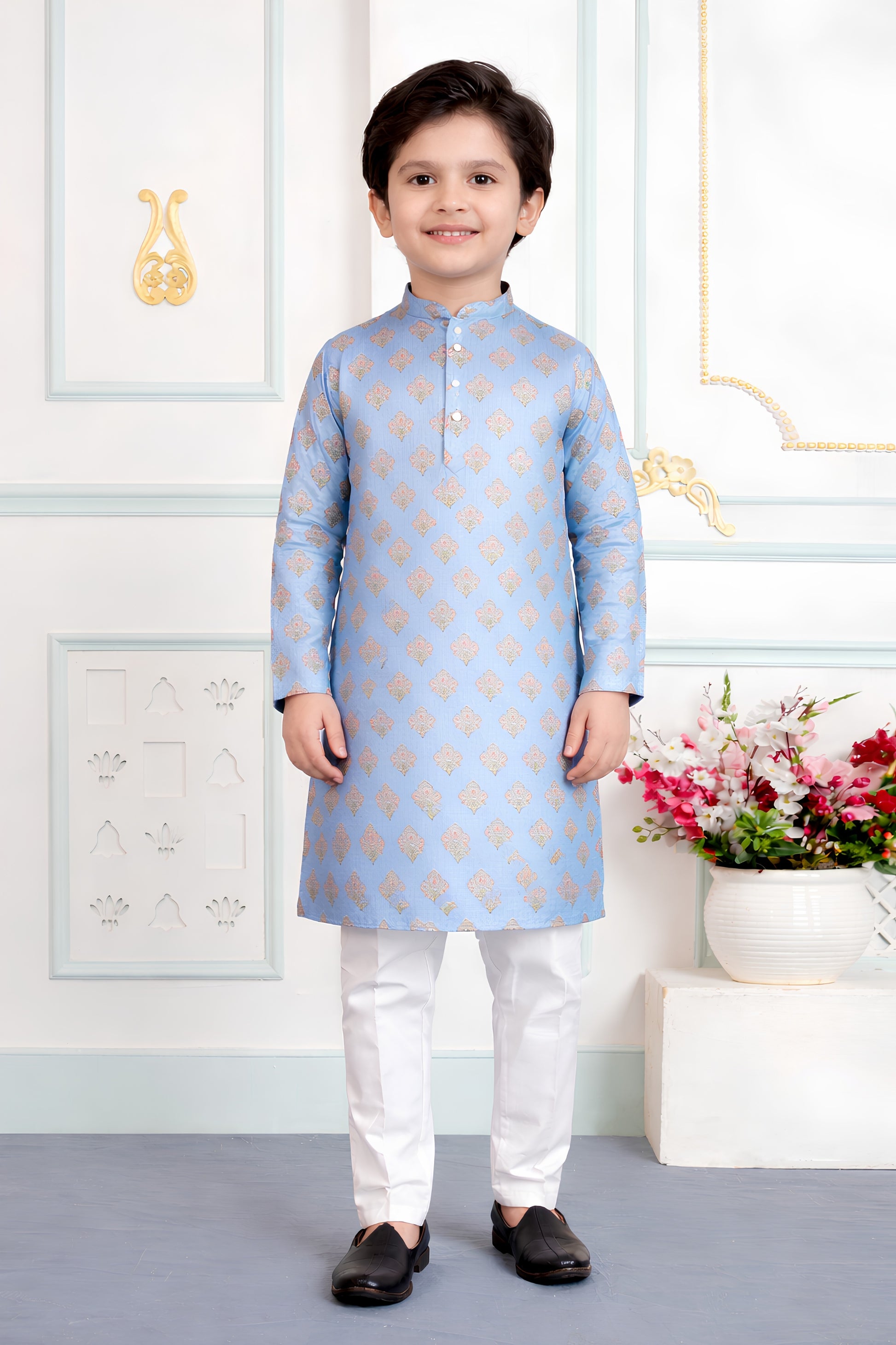 Superb Sky Blue Art Silk Digital Print Designer Boys Kurta Pyjama Set for Wedding