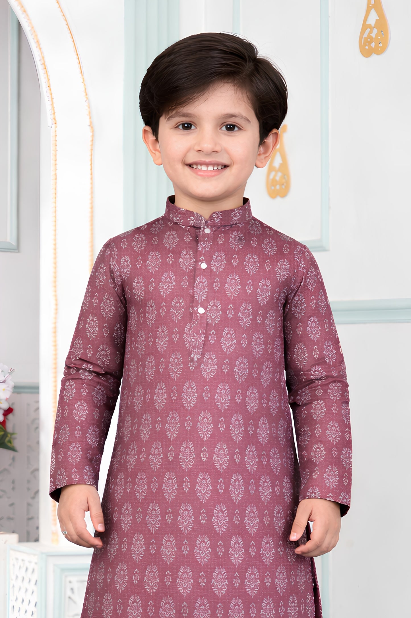 Classic Mauve Art Silk Digital Print Designer Boys Kurta Pyjama Set for Wedding
