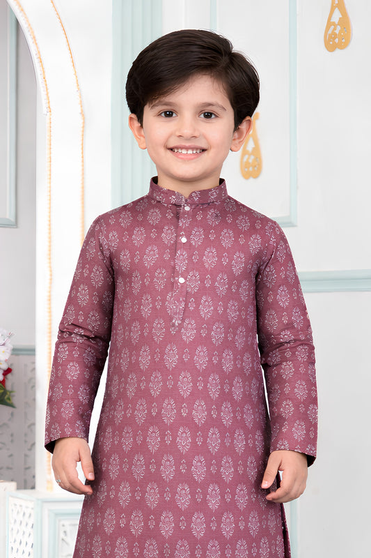 Classic Mauve Art Silk Digital Print Designer Boys Kurta Pyjama Set for Wedding