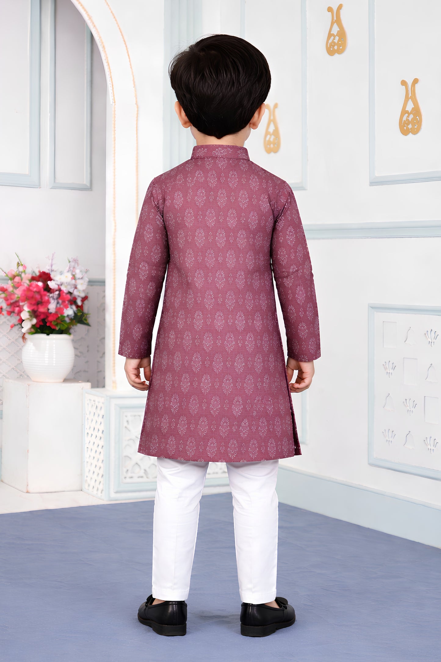 Classic Mauve Art Silk Digital Print Designer Boys Kurta Pyjama Set for Wedding