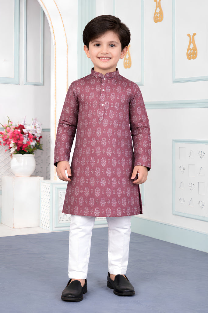Classic Mauve Art Silk Digital Print Designer Boys Kurta Pyjama Set for Wedding