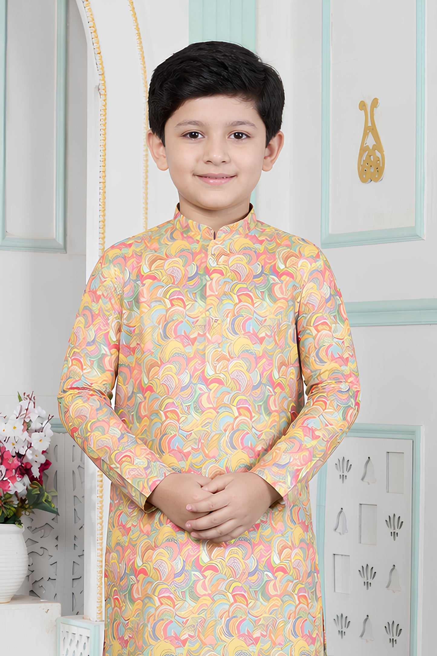 Traditional Multicolor Art Silk Digital Print Designer Boys Kurta Pyjama Set for Wedding