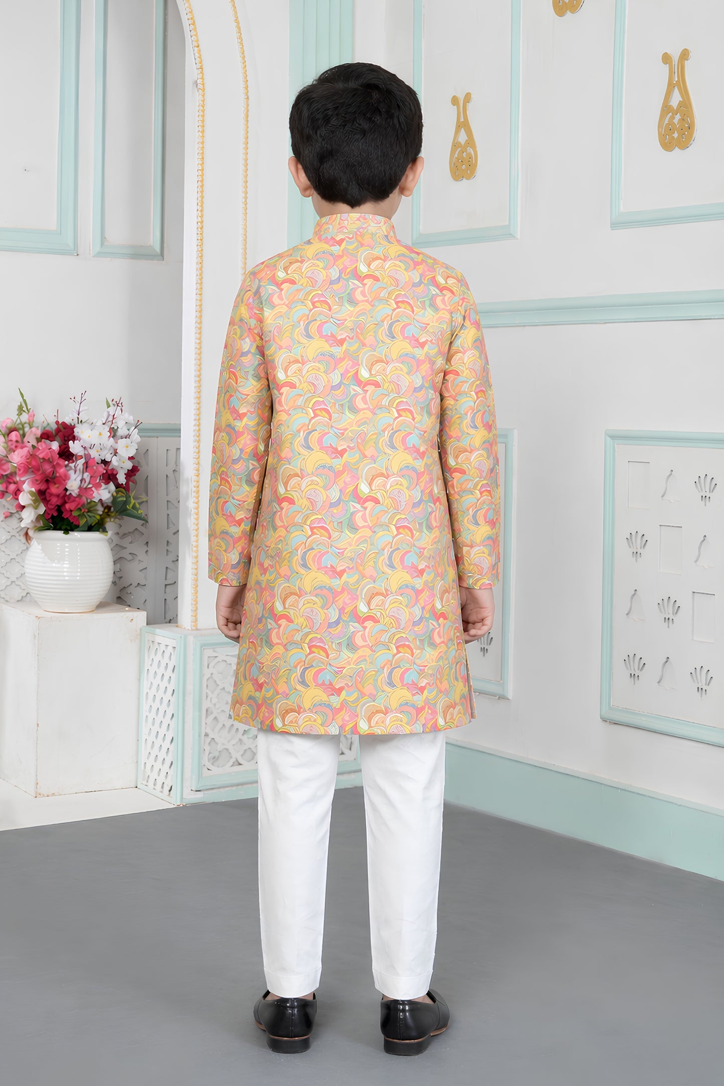 Traditional Multicolor Art Silk Digital Print Designer Boys Kurta Pyjama Set for Wedding