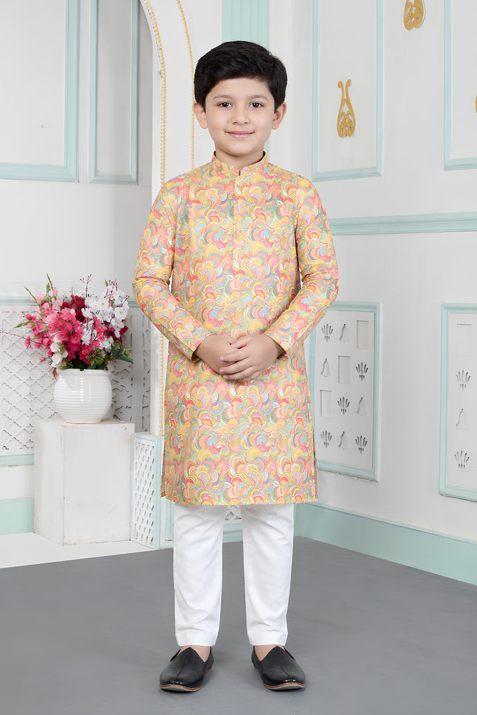 Traditional Multicolor Art Silk Digital Print Designer Boys Kurta Pyjama Set for Wedding