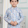Impressive Sky Blue Art Silk Digital Print Designer Boys Kurta Pyjama Set for Wedding
