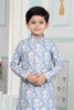 Impressive Sky Blue Art Silk Digital Print Designer Boys Kurta Pyjama Set for Wedding